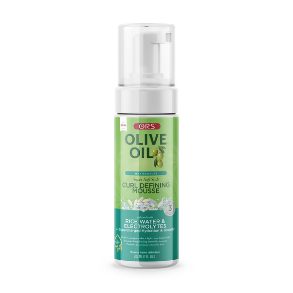 ORS Olive Oil Max Moisture Super Soft Style Curl Defining Mousse with Rice Water and Electrolytes Natural and Relaxed Hair (207ml / 7 oz)